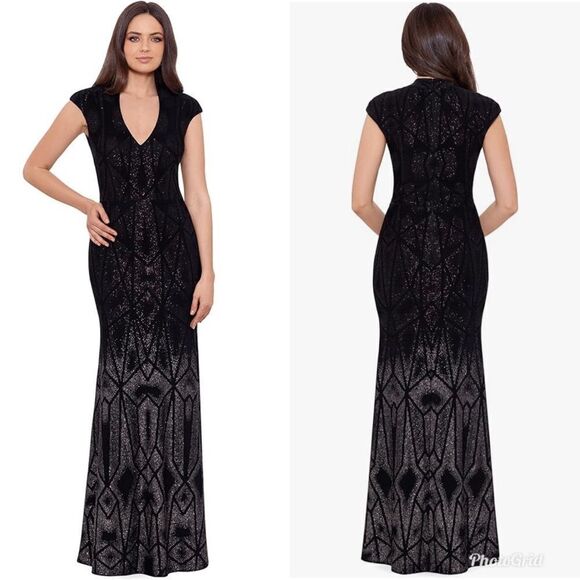 Revolve Betsy & Adam Long Cap Sleeve Glitter Black Ombre Maxi Formal Gown - Picture 1 of 8